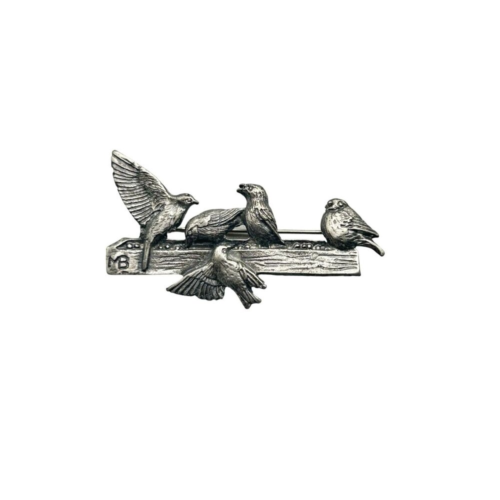 Vintage Birds on a Log Pin Brooch Signed 1999 M. Bastin Pewter Birds Animal Pin